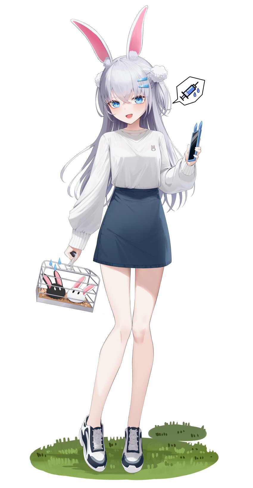 1girl, absurdres, animal_ear_fluff, animal_ears, blue_eyes, blue_skirt, cage, commentary