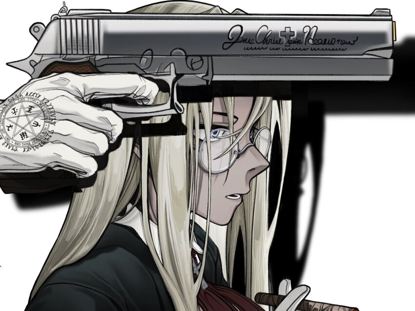 1boy, 1girl, alucard_(hellsing), blonde_hair, blue_eyes, glasses, gloves, gun, hashtag-only_commentary, hellsing, highres, holding, holding_gun, holding_weapon, integra_hellsing, long_hair, open_mouth, pentagram, pentagram_print, print_gloves, round_eyewear, shadow, simple_background, solo_focus, upper_body, weapon, white_background, white_gloves, zrvxnm