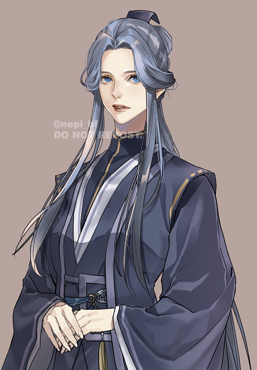 1girl, blue_eyes, blue_hair, blue_hanfu, brown_background, chinese_clothes, commentary_request, eyelashes