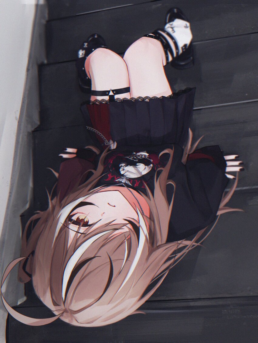 1girl, absurdres, ahoge, black_hair, black_leg_warmers, black_nails, black_shirt, black_shoes