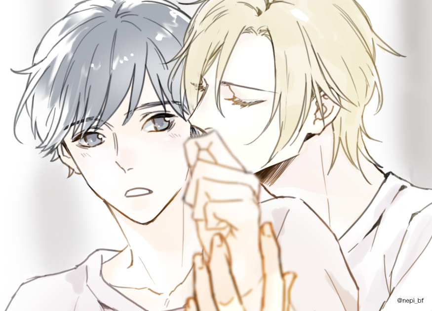 2boys, ash_lynx, banana_fish, black_eyes, black_hair, blonde_hair, blurry, blurry_foreground