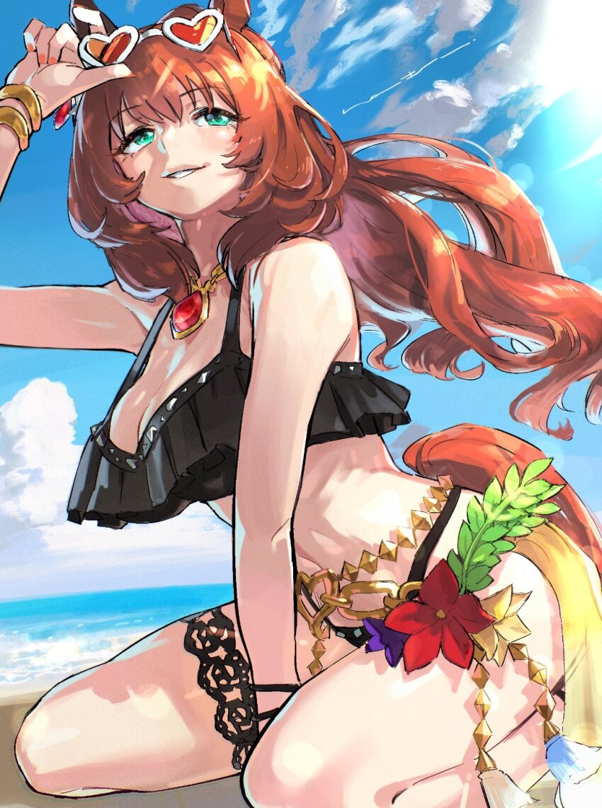 1girl, animal_ears, beach, belly_chain, bikini, black_bikini, blue_eyes, blue_sky, blush, bracelet, breasts, brown-tinted_eyewear, brown_hair, cleavage, cloud, commentary_request, eyewear_on_head, flower, green_eyes, hair_between_eyes, heart, heart-shaped_eyewear, highres, horse_ears, horse_girl, horse_tail, jewelry, large_breasts, long_hair, maruzensky_(hot_summer_night)_(umamusume), maruzensky_(umamusume), natsunori, navel, ocean, official_alternate_costume, orange-tinted_eyewear, parted_lips, ruffle_bikini, seiza, sitting, sky, smile, solo, stomach, sunglasses, swimsuit, tail, tinted_eyewear, umamusume, water, white-framed_eyewear
