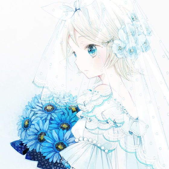1girl, alternate_hair_color, alternate_hairstyle, aqua_hair, bad_id, bad_pixiv_id, blonde_hair, bouquet