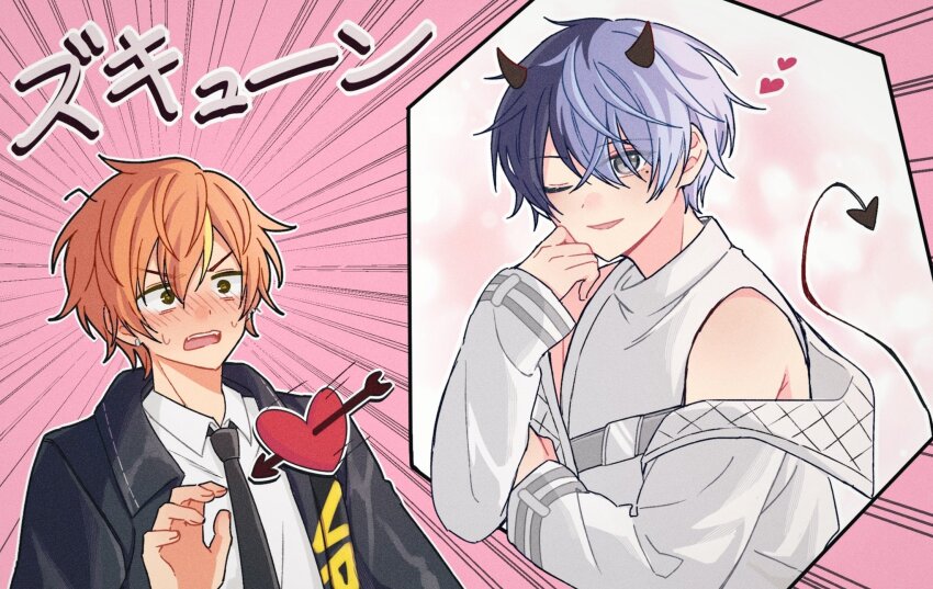 2boys, aoyagi_touya, arrow_through_heart, biyo, black_eyes, black_necktie, blonde_hair, blue_hair