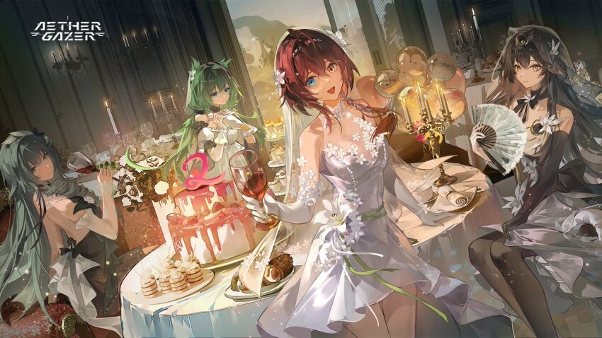 4girls, aether_gazer, artist_request, balloon, black_dress, black_gloves, black_hair, blue_eyes