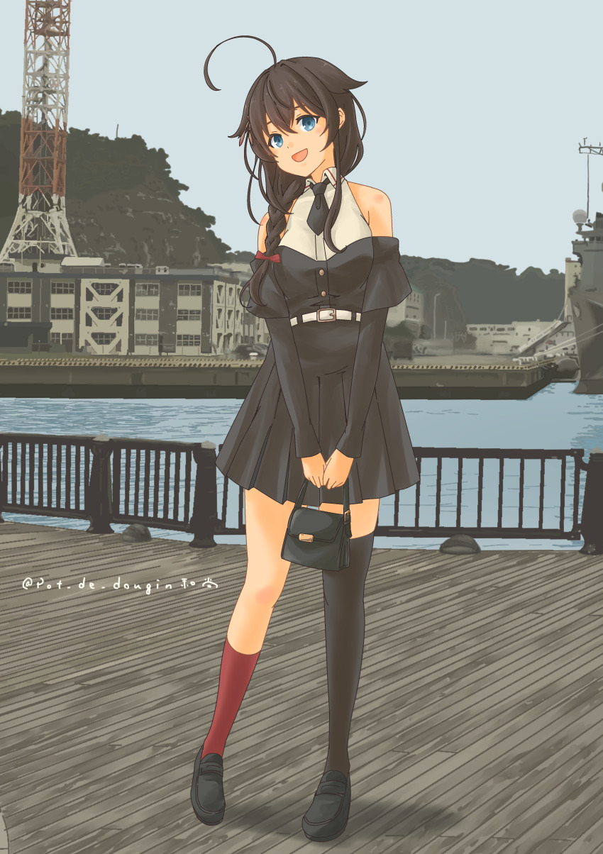 1girl, absurdres, ahoge, asymmetrical_legwear, bag, belt, black_necktie, black_skirt