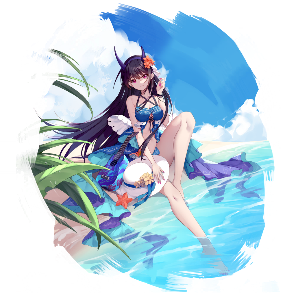 1girl, ares_(honkai_gakuen), bare_shoulders, barefoot, bikini, black_hair, blue_bikini, blue_sky