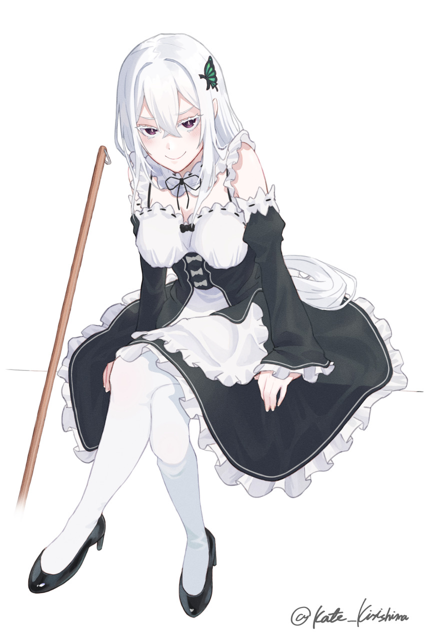 1girl, absurdres, alternate_costume, apron, artist_name, black_dress, breasts, broom, butterfly_hair_ornament, cleavage, closed_mouth, colored_eyelashes, commentary_request, crossed_legs, detached_sleeves, dress, echidna_(re:zero), enmaided, frills, full_body, grey_hair, hair_between_eyes, hair_ornament, high_heels, highres, impasto, kirishima_kate, large_breasts, long_hair, long_sleeves, looking_at_viewer, maid, pantyhose, purple_eyes, re:zero_kara_hajimeru_isekai_seikatsu, ribbon, ribbon_trim, roswaal_mansion_maid_uniform, simple_background, sitting, smile, solo, very_long_hair, white_background, white_hair, white_pantyhose, witch