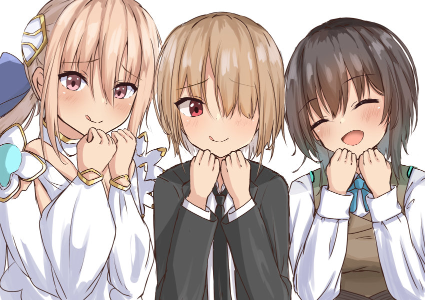 3girls, :d, :q, ^_^, aoi_erika, black_hair, black_necktie, black_suit, blonde_hair, blush, clenched_hands, closed_eyes, closed_mouth, collared_shirt, commentary, commission, eyes_visible_through_hair, facing_viewer, formal_clothes, furrowed_brow, hair_between_eyes, hands_up, heaven_burns_red, highres, kayamori_ruka, long_bangs, long_hair, long_sleeves, looking_at_viewer, low_ponytail, medium_hair, multiple_girls, necktie, one_eye_covered, open_mouth, pink_eyes, ponytail, puffy_long_sleeves, puffy_sleeves, red_eyes, shirakawa_yuina, shirakawa_yuina_(infernal_sanctuary), shirt, short_hair, side-by-side, sidelocks, simple_background, smile, suit, tatika714, teheperinko_(heaven_burns_red), tehepero, tongue, tongue_out, upper_body, white_background, white_shirt