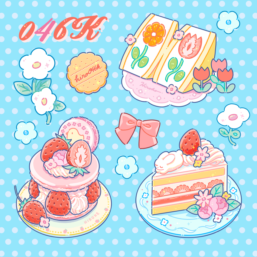 blue_background, bow, cake, candy, commentary_request, cookie, flower, food