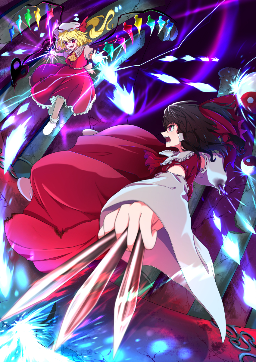 2girls, absurdres, ascot, battle, between_fingers, blonde_hair, bow, broken_pillar