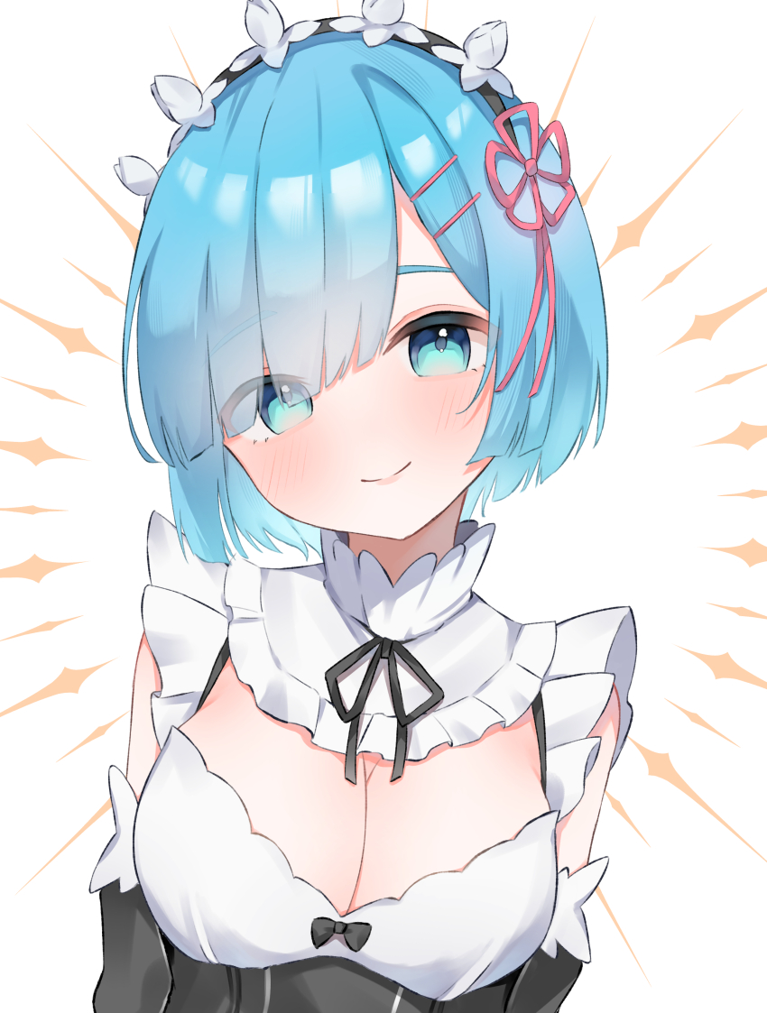 1girl, absurdres, black_bow, black_dress, black_ribbon, black_sleeves, blue_eyes, blue_hair