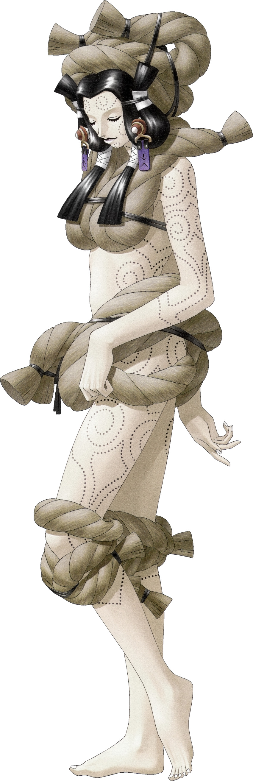 1girl, absurdres, arm_tattoo, back_tattoo, black_hair, cheek_tattoo, chin_tattoo, closed_eyes, closed_mouth, demon_(megami_tensei), forehead_tattoo, full_body, hair_ornament, highres, izanami_(megami_tensei), kazuma_kaneko, leg_tattoo, official_art, rope, shin_megami_tensei, shin_megami_tensei_nine, solo, standing, tattoo, third-party_source, transparent_background