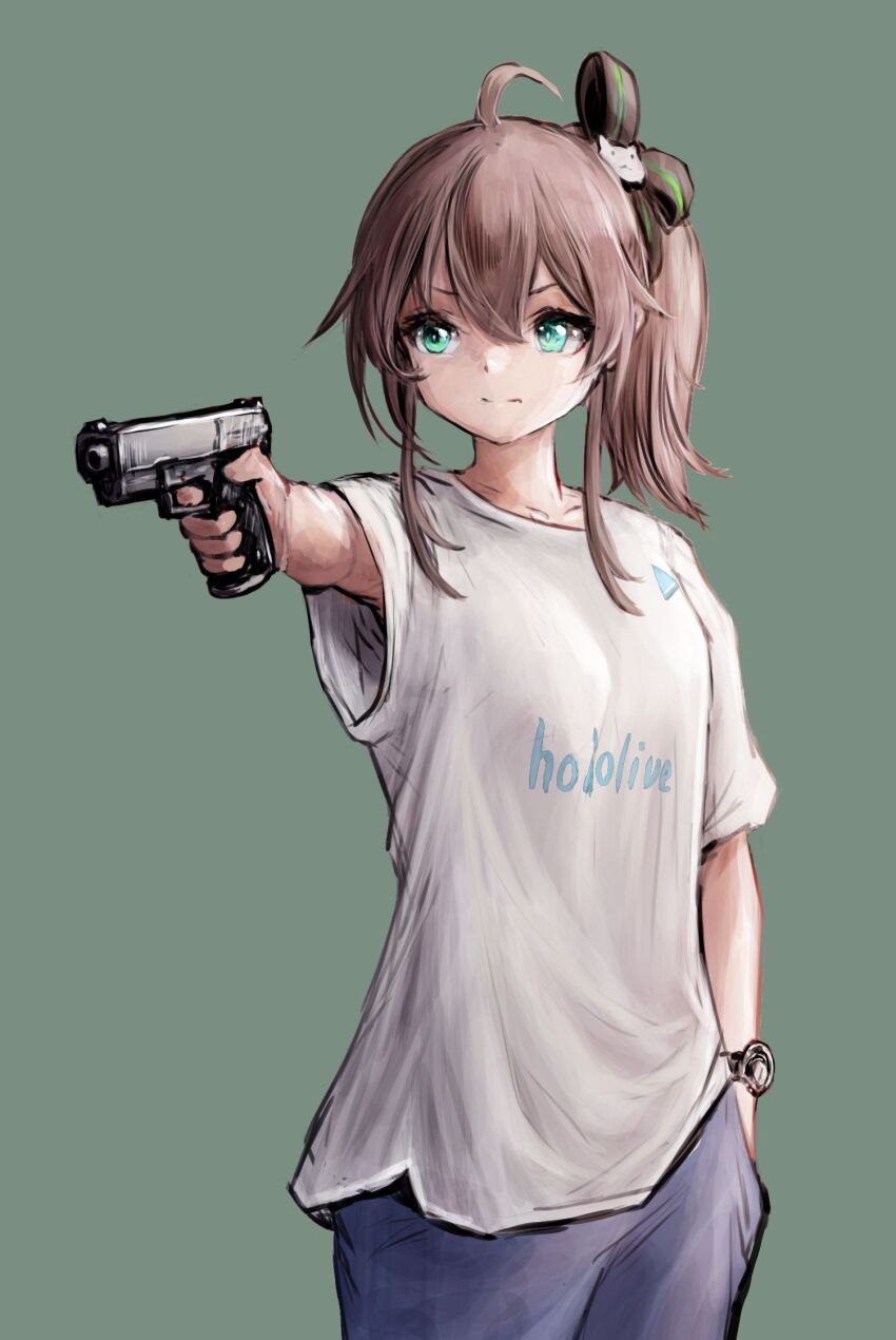 1girl, ahoge, aiming, alternate_costume, aqua_eyes, armpit_peek, black_ribbon, blue_pants