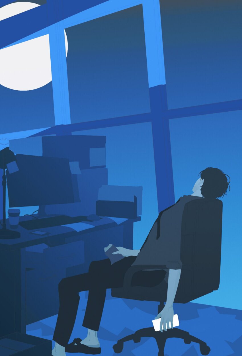 1boy, black_hair, black_shirt, collared_shirt, commentary_request, computer, desk, faceless