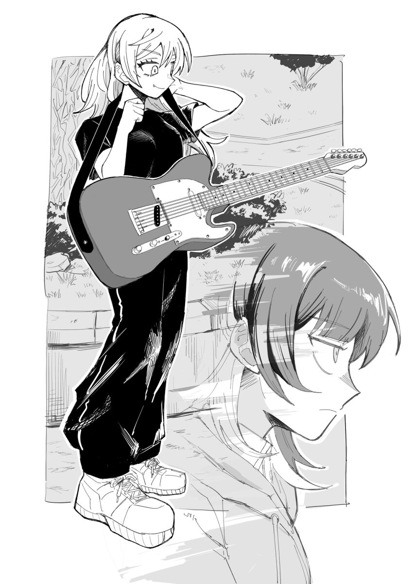 2girls, akuseru_(greatmaxnacell), electric_guitar, fang, fender_telecaster, from_side, fujii_ayame, full_body