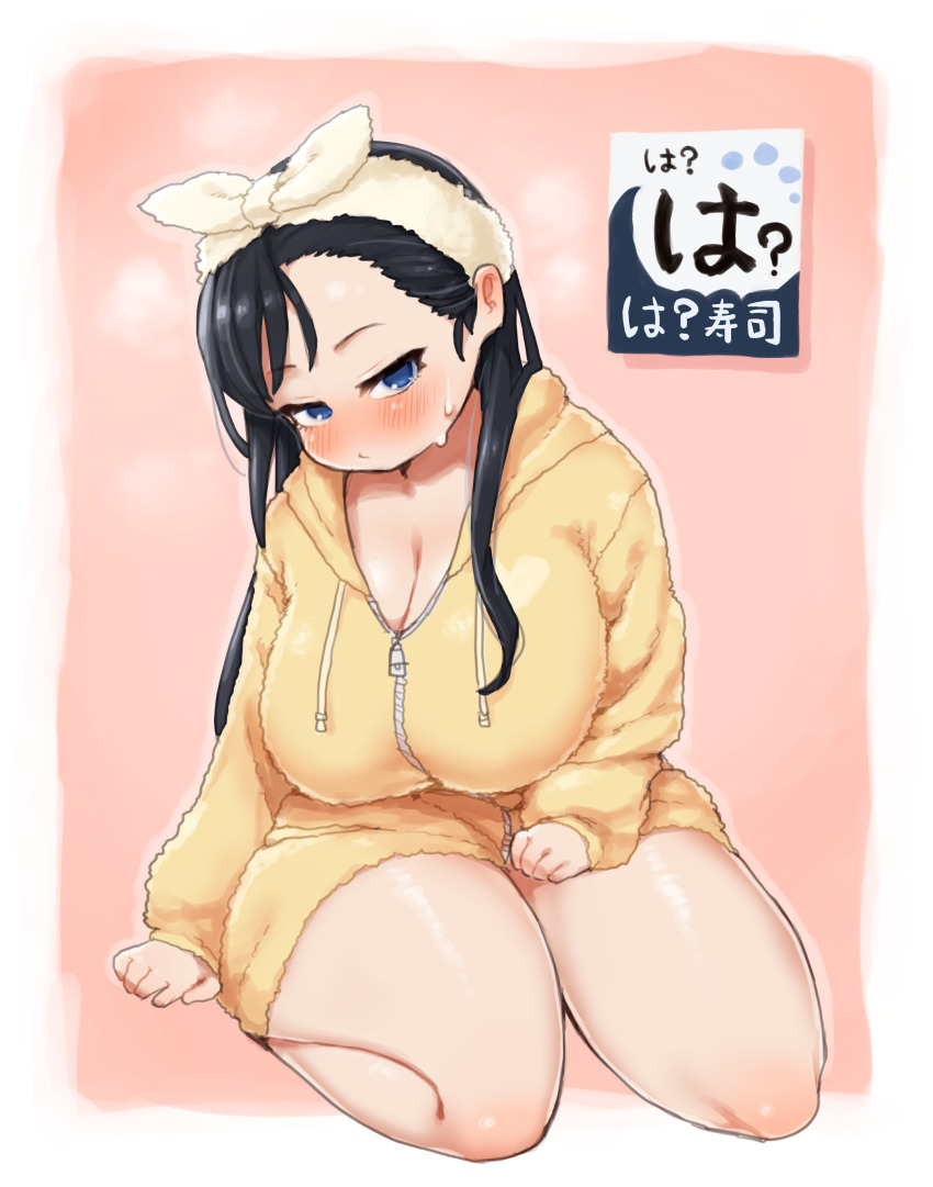 1girl, absurdres, black_hair, blue_eyes, blush, breasts, cleavage, commentary_request