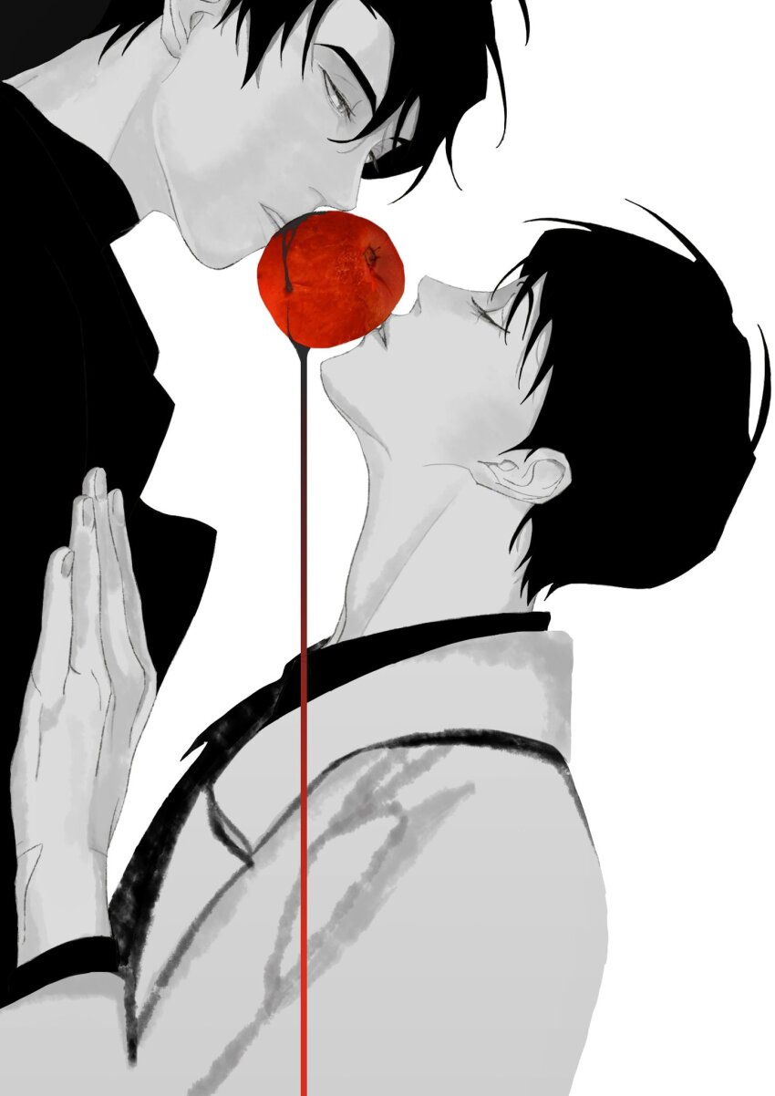 2boys, apple, black_hair, bleeding, blood, closed_eyes, commentary, food