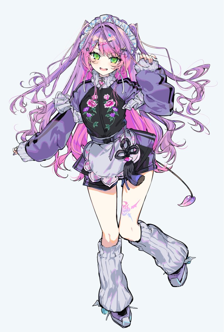 1girl, :d, aimi_(mimi_nii2), ankle_wings, antenna_hair, apron, arm_at_side, belt