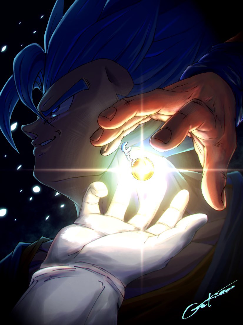 3boys, black_background, blue_eyes, blue_hair, close-up, commentary_request, dragon_ball, dragon_ball_super, earrings, gekiroo, glowing, hand_focus, jewelry, medium_hair, multiple_boys, potara_earrings, smirk, solo_focus, son_goku, spiked_hair, super_saiyan, super_saiyan_blue, vegeta, vegetto