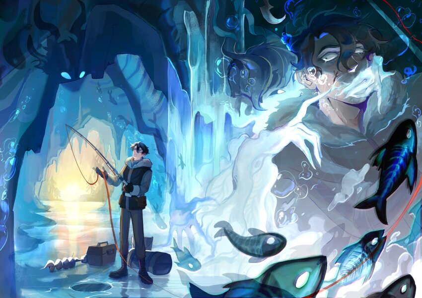 2boys, air_bubble, animalization, black_gloves, black_hair, bubble, cave, coat