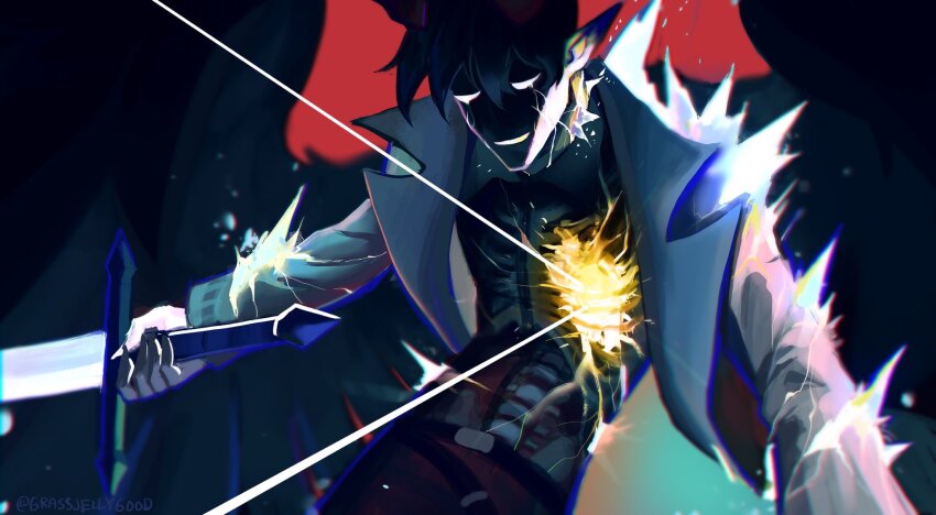 1boy, black_shirt, black_wings, clenched_teeth, coat, colored_extremities, cowboy_shot, cracked_skin