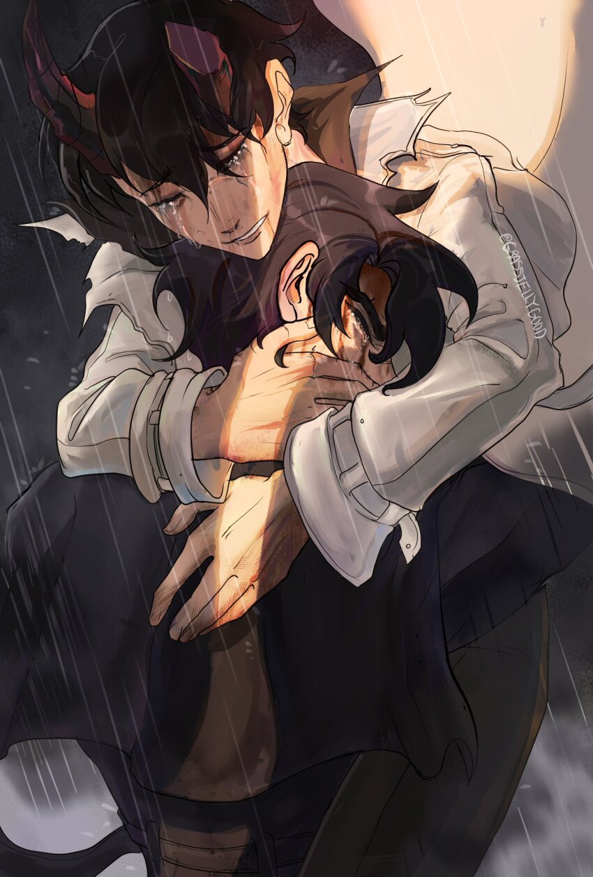 2boys, black_coat, black_hair, blood, blood_from_forehead, blood_on_face, broken_horn, closed_eyes, coat, commentary, crack_of_light, crying, crying_with_eyes_open, demon_horns, english_commentary, grassjellyg00d, highres, horns, hug, kim_dokja, male_focus, multiple_boys, official_alternate_costume, omniscient_reader's_viewpoint, open_clothes, open_coat, popped_collar, rain, short_hair, tears, white_coat, yaoi, yoo_joonghyuk