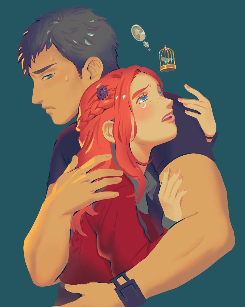 1boy, 1girl, aqua_background, aqua_eyes, birdcage, black_hair, blue_eyes, blue_shirt