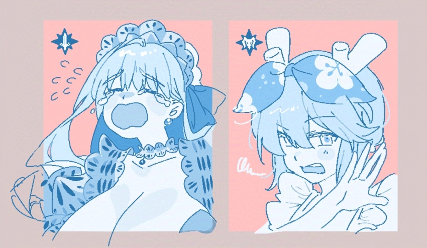 00000000w, 2girls, antlers, blue_theme, breasts, choker, cleavage, closed_eyes