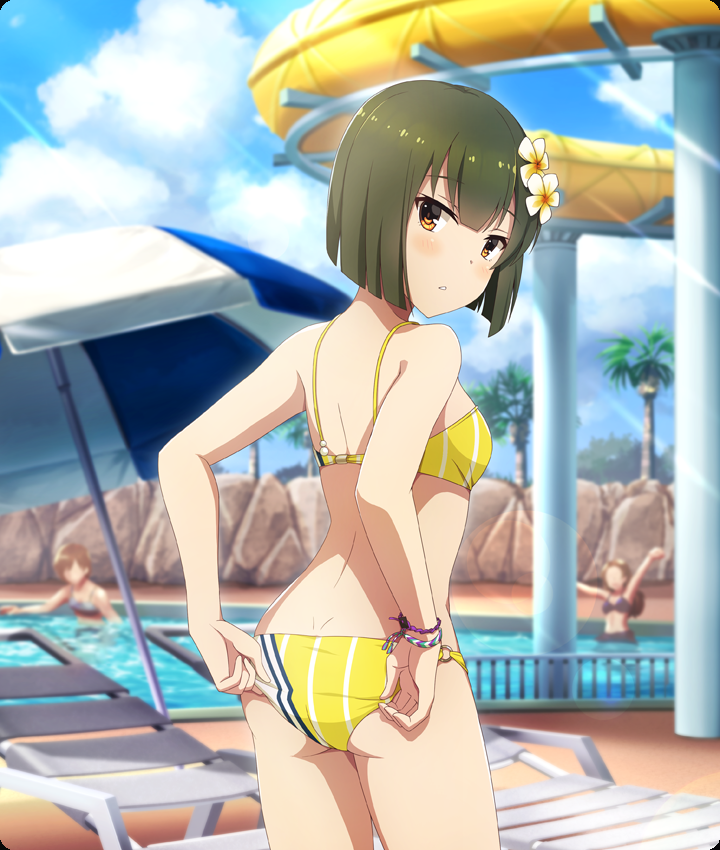 3girls, adjusting_clothes, adjusting_swimsuit, arms_up, ass, ban_tsugumi, beach_umbrella, bikini