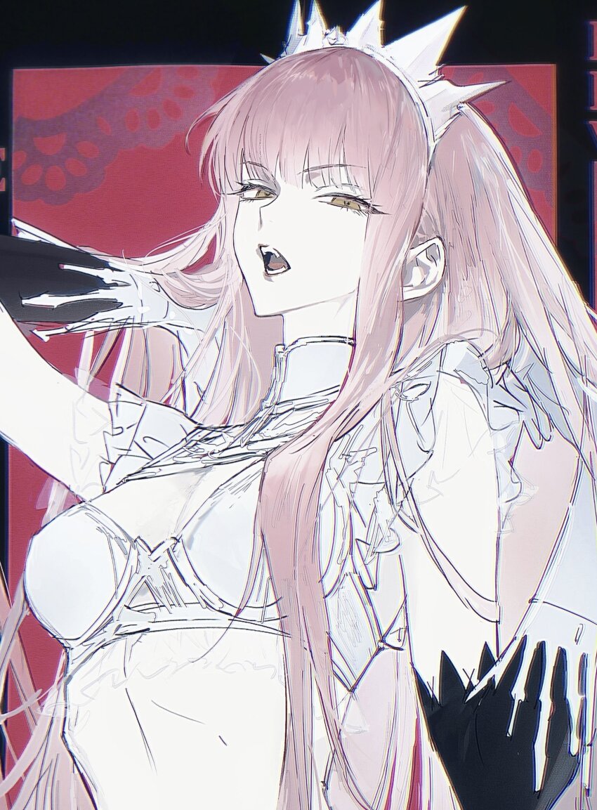 1girl, absurdres, bra, breasts, elbow_gloves, fangs, fate/grand_order, fate_(series), gloves, highres, looking_at_viewer, medb_(fate), medb_(third_ascension)_(fate), metama, open_mouth, outside_border, pink_hair, sidelocks, sketch, small_breasts, solo, stomach, teeth, tiara, underwear, upper_body, white_bra, yellow_eyes