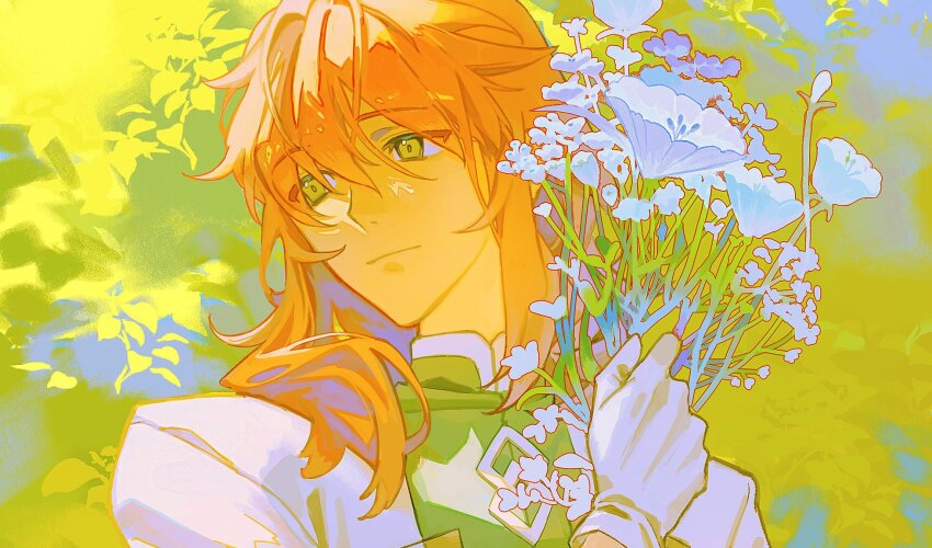 1boy, chaldea_logo, closed_mouth, commentary_request, fate/grand_order, fate_(series), flower, gloves