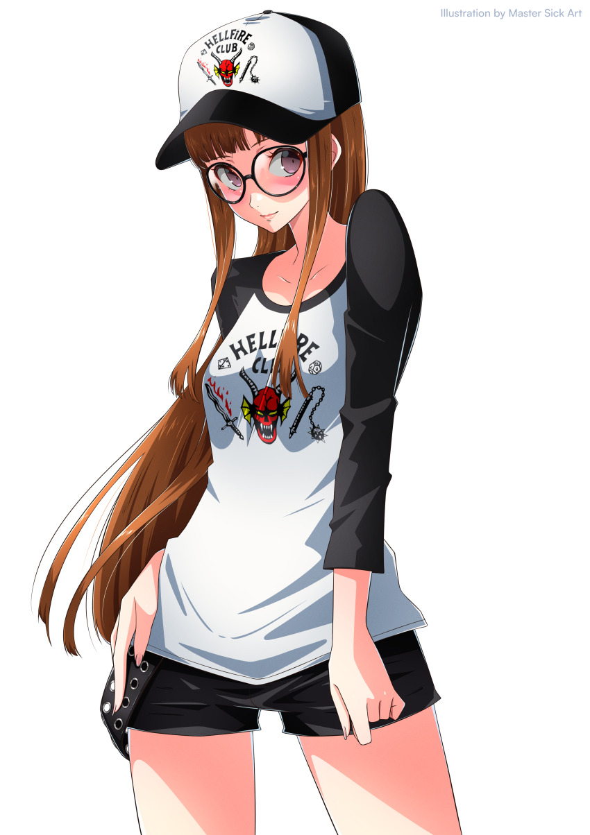 absurdres, atlus, baseball_cap, brown_hair, commission, commissioner_upload, glasses, hat, hellfire_club_(stranger_things), highres, looking_at_viewer, master_sick_art, megami_tensei, persona, persona_5, raglan_shirt, sakura_futaba, shirt, shorts, stranger_things, white_background