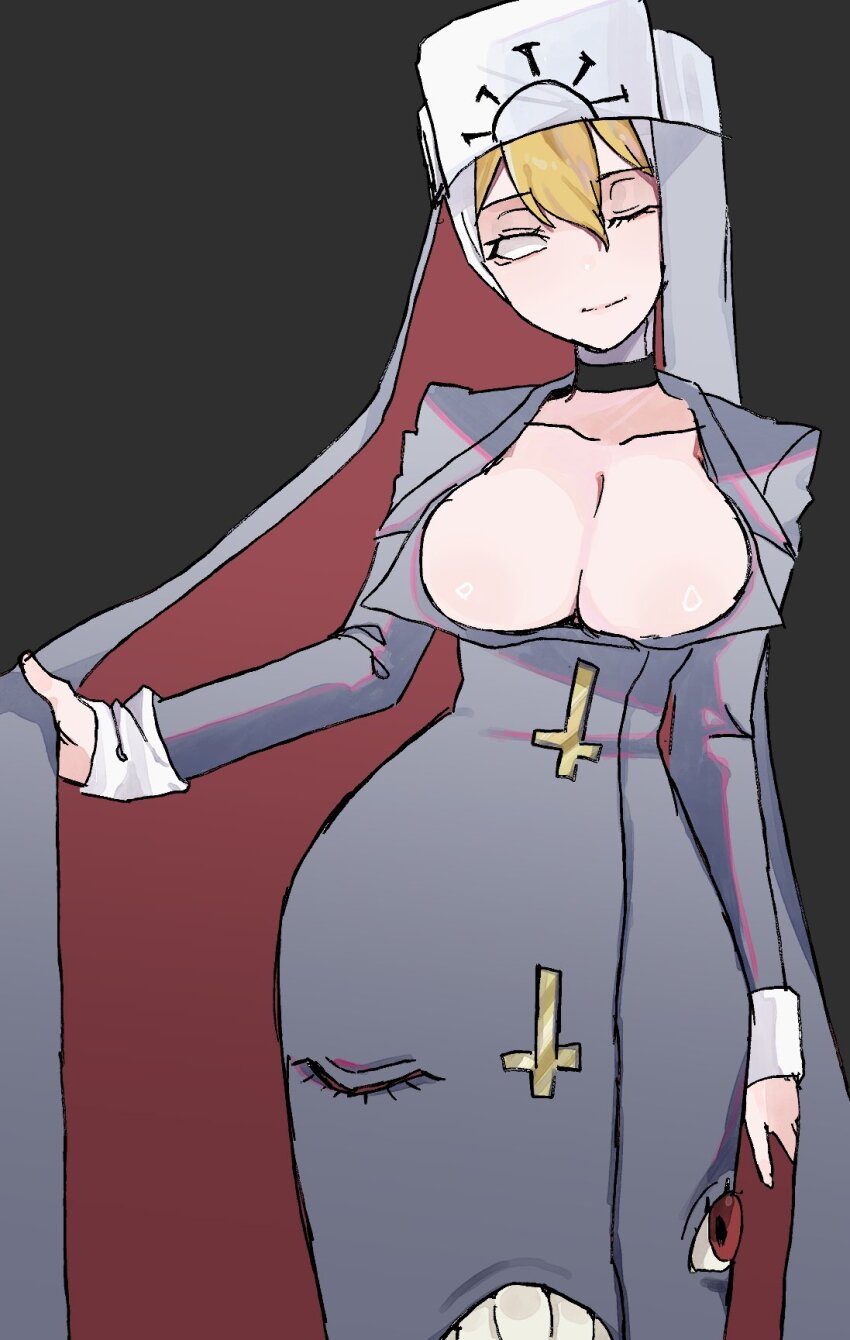 1girl, adapted_costume, black_background, blank_eyes, breasts, choker, cleavage, collarbone