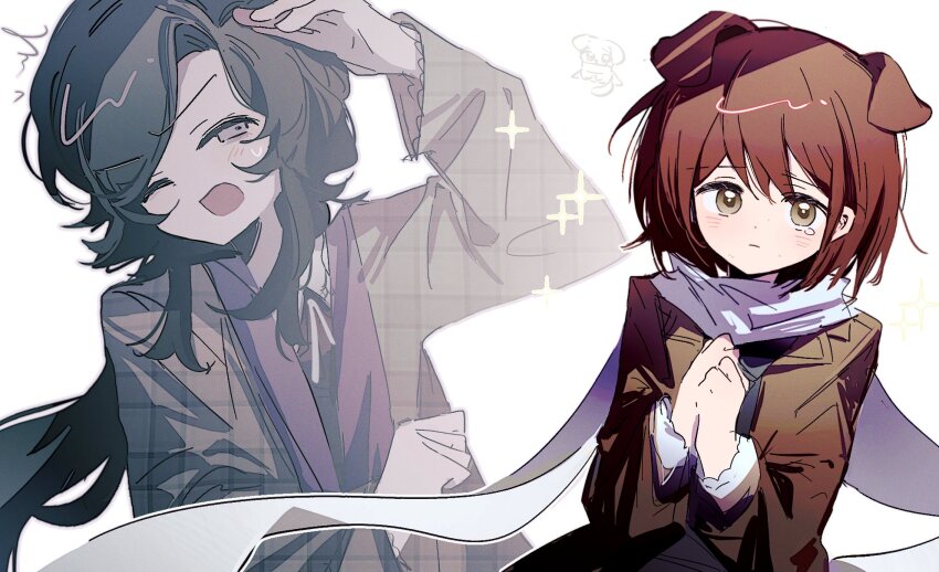 2girls, animal_ears, asya_shubina, brown_hair, brown_jacket, commentary, dog_ears, dog_girl