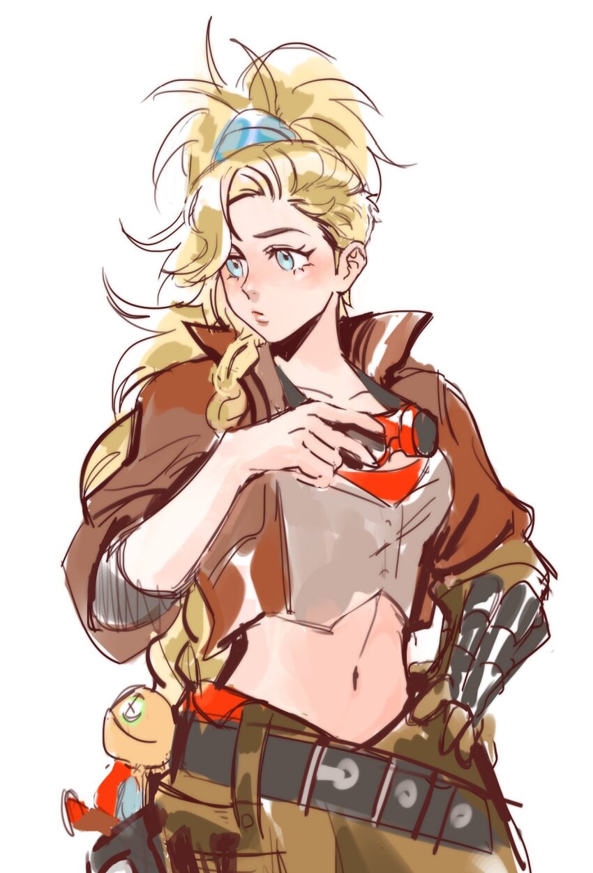 1girl, belt, blonde_hair, blue_eyes, braid, breasts, brown_jacket, brown_pants