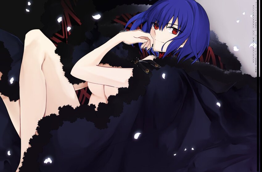 1girl, black_nails, breasts, cape, ciel_(tsukihime), cloak, commentary_request, convenient_censoring