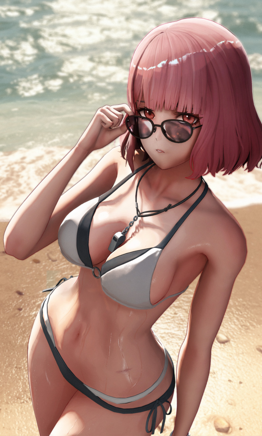 1girl, 3d, absurdres, adjusting_eyewear, atla_762, beach, breasts, commentary