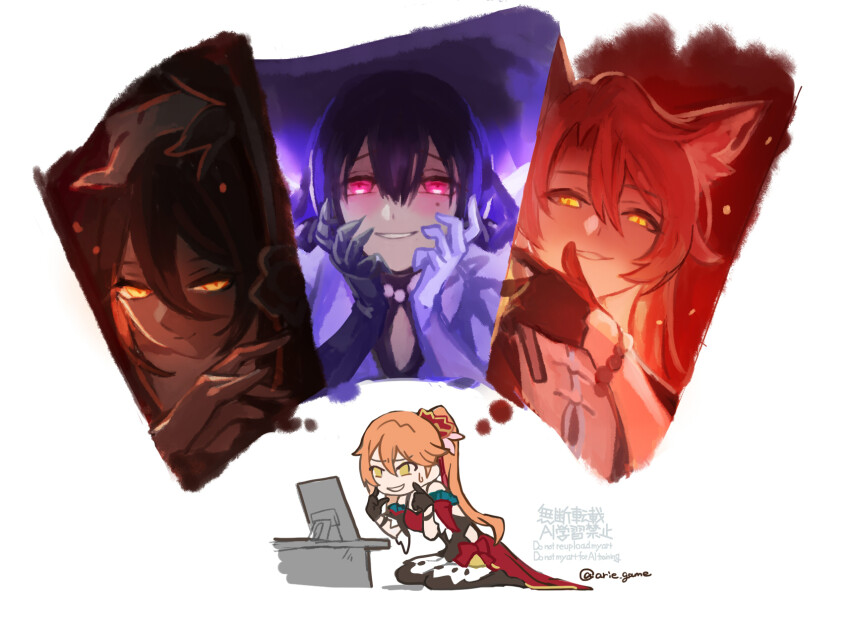 1boy, 3girls, animal_ear_fluff, animal_ears, arie_game, asymmetrical_gloves, black_hair, brown_hair