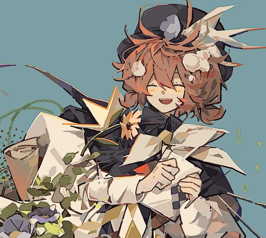 1girl, 30000000000, ^_^, bird_hat_ornament, black_cape, black_hat, blue_background, bow