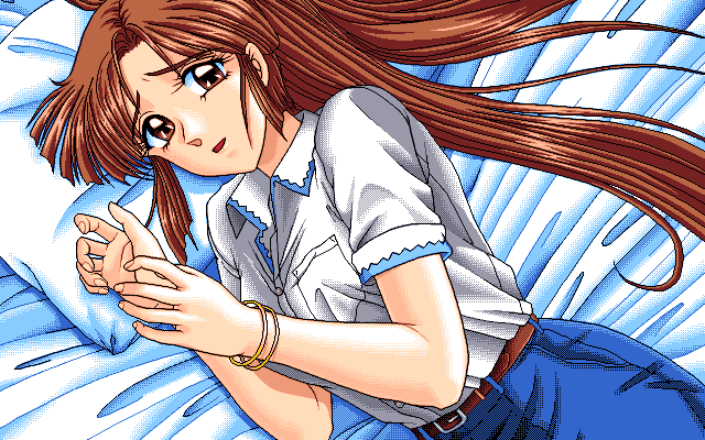 1990s_(style), 1995, 1girl, bed_sheet, belt, bracelet, brown_eyes, brown_hair