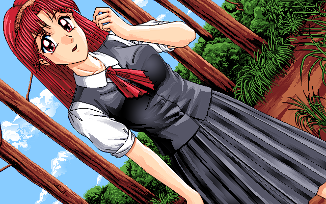 1990s_(style), 1995, 1girl, bow, bowtie, breasts, cloud, forest