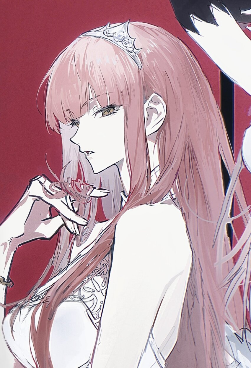 1girl, bare_shoulders, blunt_bangs, fate/grand_order, fate_(series), from_side, hand_up, highres, long_hair, long_sidelocks, looking_at_viewer, medb_(fate), medb_(second_ascension)_(fate), metama, parted_lips, sidelocks, sideways_glance, solo, tiara, upper_body, yellow_eyes