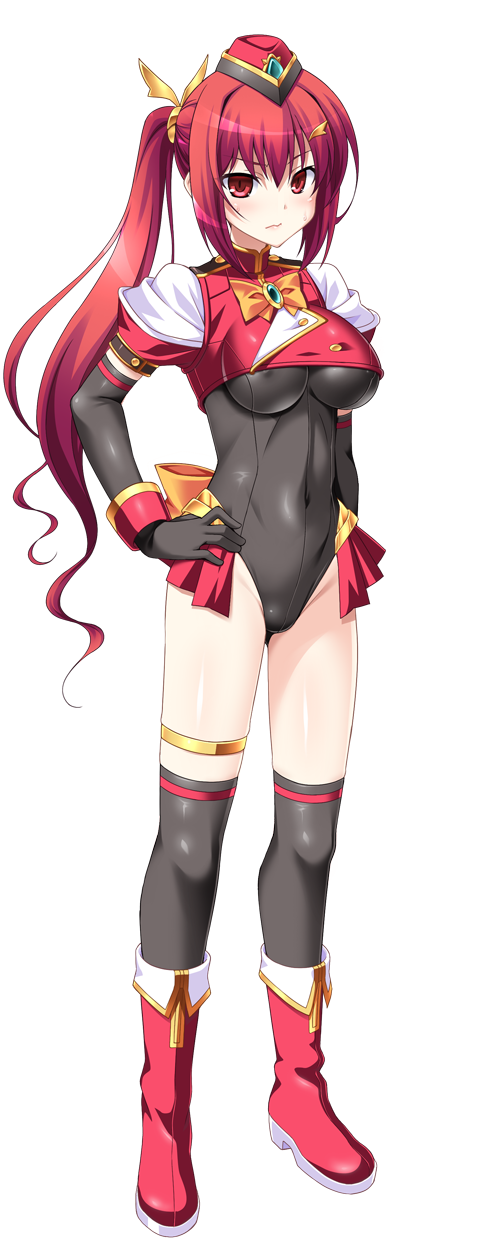 1girl, aoi_masami, asamiya_minami, black_gloves, black_leotard, black_thighhighs, blush, boots, bow, breasts, covered_erect_nipples, covered_navel, crop_top, elbow_gloves, full_body, game_cg, garrison_cap, gloves, hair_ornament, hairclip, hand_on_own_hip, hat, highres, jewelry, knight_ignis, large_variant_set, leotard, long_hair, looking_at_viewer, magical_girl, medium_breasts, non-web_source, official_art, over-kneehighs, puffy_sleeves, red_eyes, red_hair, self-datamine, short_sleeves, showgirl_skirt, side_ponytail, solo, standing, tachi-e, thigh_strap, thighhighs, thighlet, transparent_background, ts_magical_girl_nao, turtleneck, variant_set