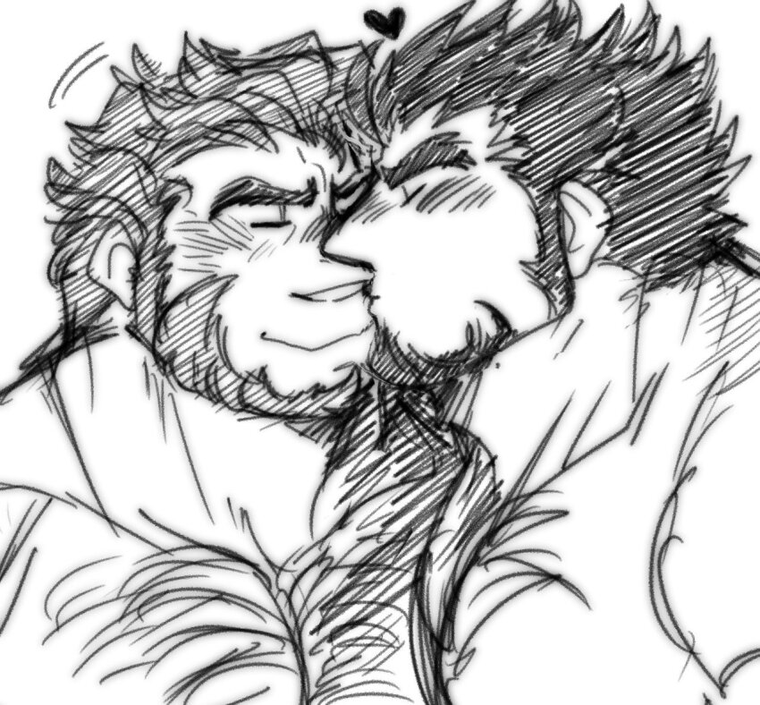 2boys, bara, beard, chest_hair, closed_eyes, commentary, couple, english_commentary