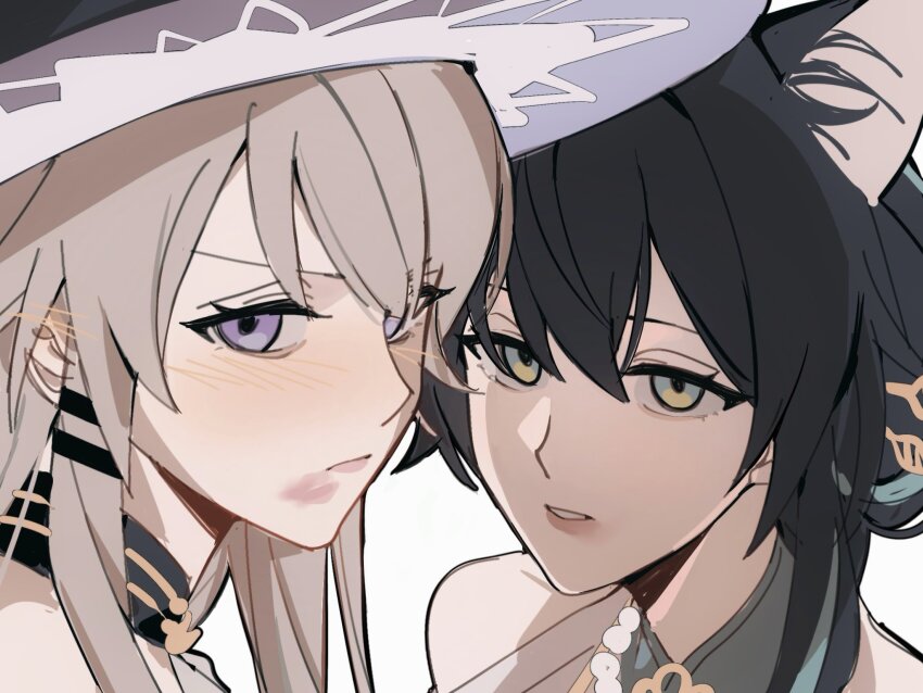 2girls, after_kiss, animal_ear_fluff, bead_necklace, beads, black_hair, blush, brown_hair, detached_collar, green_eyes, hair_ornament, hairclip, hashtag-only_commentary, herta_(honkai:_star_rail), highres, honkai:_star_rail, honkai_(series), jewelry, kabokwa, kemonomimi_mode, lipstick_mark, multiple_girls, necklace, parallel_hairclips, purple_eyes, ruan_mei_(honkai:_star_rail), the_herta_(honkai:_star_rail), yuri