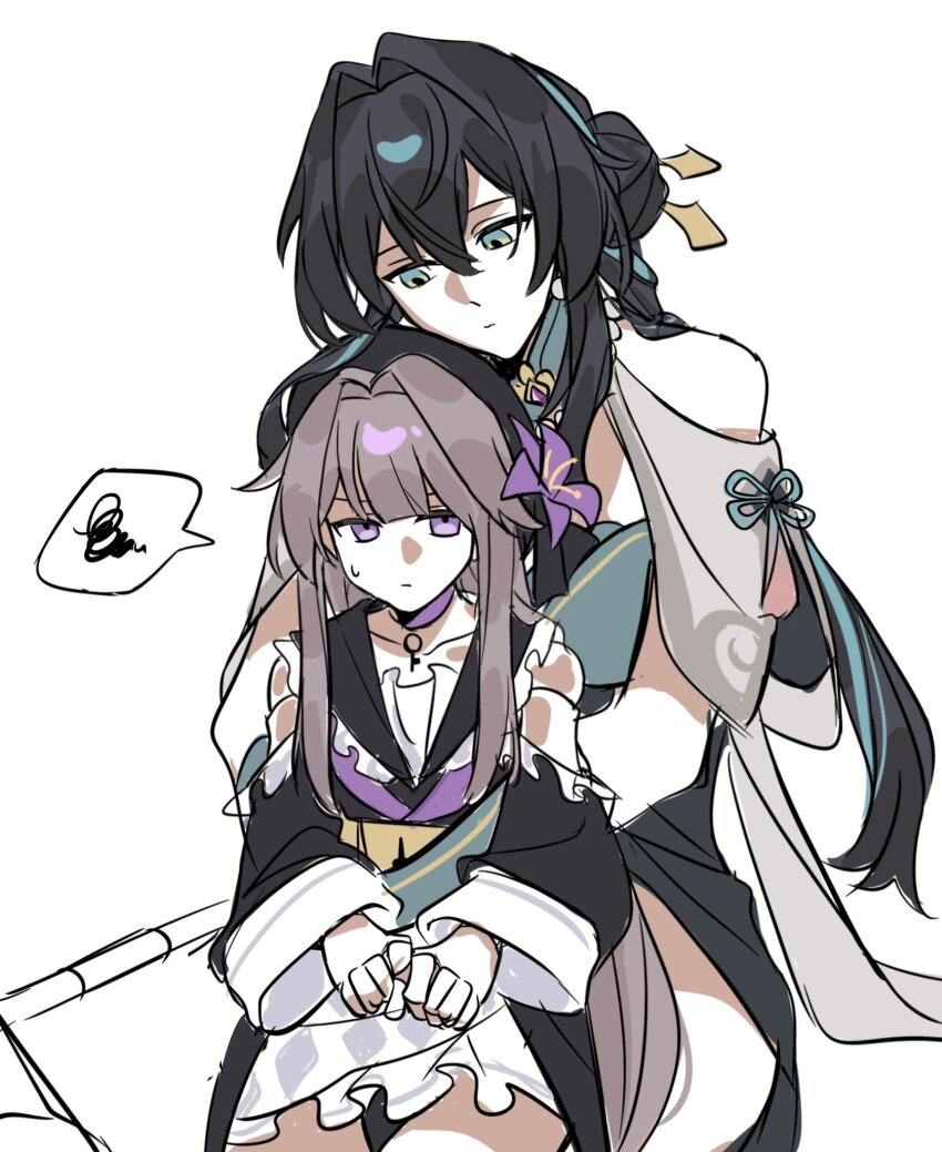 2girls, aqua_eyes, beret, black_hair, brown_hair, chin_rest, choker, clothing_cutout