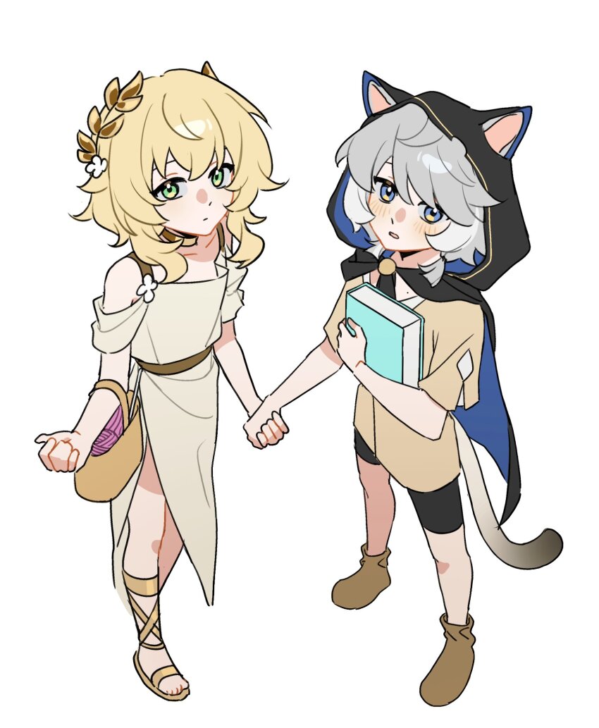 2girls, aged_down, aglaea_(honkai:_star_rail), bag, blonde_hair, blue_eyes, book, cat_girl
