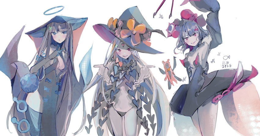 3girls, abigail_williams_(fate), abigail_williams_(third_ascension)_(fate), black_dress, black_hair, blue_eyes, china_dress, chinese_clothes, colored_skin, commentary, dated, dress, english_commentary, fate/grand_order, fate_(series), grey_skin, hat, highres, holding, holding_brush, joy_ce_0309, katsushika_hokusai_(fate), katsushika_hokusai_(third_ascension)_(fate), keyhole, long_hair, looking_at_viewer, multiple_girls, pink_eyes, purple_eyes, revealing_clothes, short_hair, signature, smile, trait_connection, white_hair, witch_hat, yang_guifei_(fate), yang_guifei_(third_ascension)_(fate)