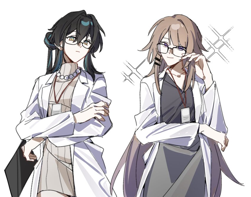 2girls, adjusting_eyewear, bead_necklace, beads, black_hair, brown_hair, crossed_arms, glasses